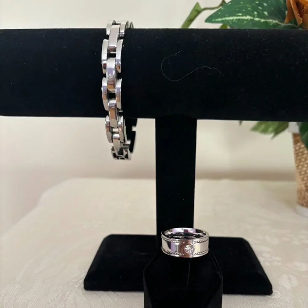 Sterling Silver (925) Bracelet (8") and Ring (9.5) with Moissanite Stones - Picture 1 of 16